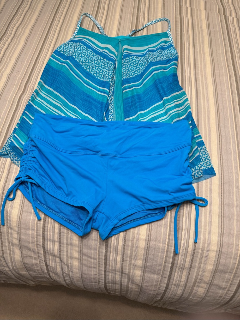 Beach House Blue Striped Tankini Top with Solid Blue Swim Shorts